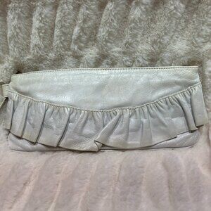 Hobo Ivory Leather Ruffled Wallet Clutch - Silver Hardware - Purple Interior